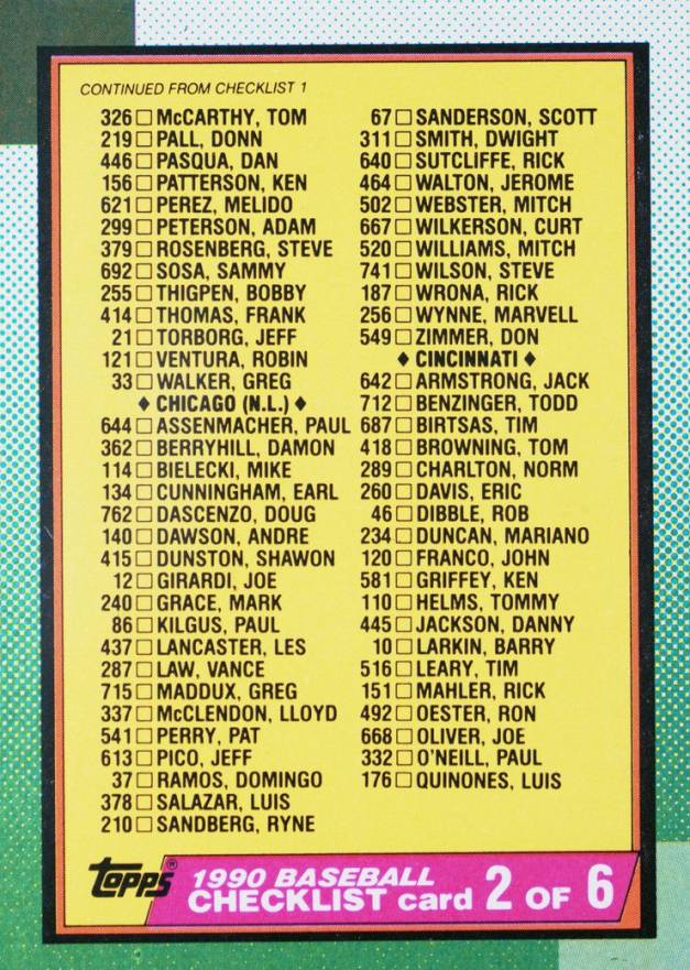1990 Topps Checklist 2 #262 Baseball Card