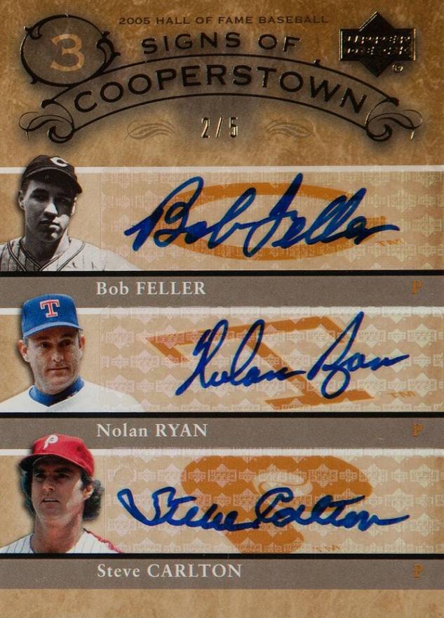 2005 Upper Deck Hall of Fame Signs of Cooperstown Triple Autograph Bob Feller #FRC Baseball Card