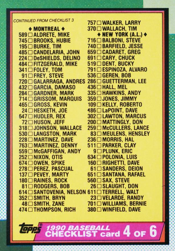 1990 Topps Checklist 4 #526 Baseball Card