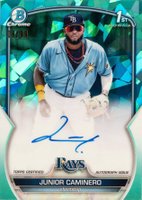 2023 Bowman Sapphire Edition Chrome Prospects Autographs #BSPAJCO Junior Caminero Aqua Baseball Card