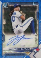 2021 Bowman Draft Chrome Draft Pick Autographs #CDARTI Ricky Tiedemann Blue Wave Refractor Baseball Card