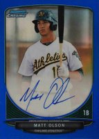 2013 Bowman Prospect Autograph #BCPMO Matt Olson Chrome-Blue Refractor Baseball Card