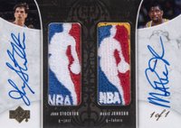 2005 Upper Deck Exquisite Collection Logoman Autographs Dual #SJ John Stockton/Magic Johnson Basketball Card