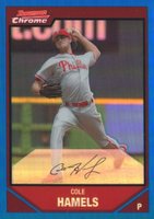 2007 Bowman Chrome #15 Cole Hamels Blue Refractor Baseball Card