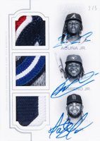 2020 Topps Dynasty Triple Autographed Patch #TAPAGT Fernando Tatis Jr./Ronald Acuna Jr./Vladimir Guerrero Jr. Baseball Card