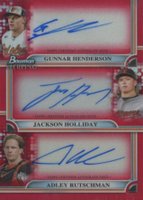 2024 Bowman Sterling Triple Refractor Autographs #TRAHHR Adley Rutschman/Gunnar Henderson/Jackson Holliday Red Refractor Baseball Card