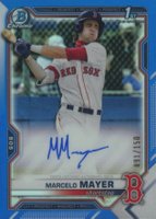 2021 Bowman Draft Chrome Draft Pick Autographs #CDAMM Marcelo Mayer Blue Refractor Baseball Card