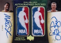 2004 UD Exquisite Collection Dual NBA Logo Autographed Patches #MA-LG Magic Johnson/Larry Bird Basketball Card