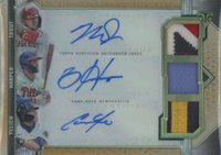 2021 Topps Triple Threads Autographed Relic Combos #ARCTHY Bryce Harper/Christian Yelich/Mike Trout Gold Baseball Card