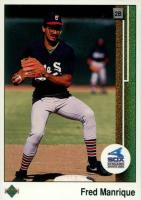 1989 Upper Deck #628 Fred Manrique Throwing on Card Back Baseball Card