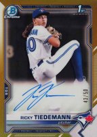 2021 Bowman Draft Chrome Draft Pick Autographs #CDARTI Ricky Tiedemann Gold Refractor Baseball Card