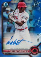 2022 Bowman Chrome Prospect Autographs #CPAJT Justice Thompson Blue Refractor Baseball Card