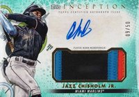 2022 Topps Inception Inception Autographed Patch #IAPJCM Jazz Chisholm Jr. Green Baseball Card