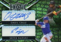 2023 Leaf Exotic Dual Autographs #DS13 Oneil Cruz/Seiya Suzuki Alligator Mojo 1/1 Baseball Card