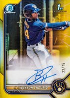 2022 Bowman Chrome Prospect Autographs #CPAJCO Jackson Chourio Yellow Refractor Baseball Card
