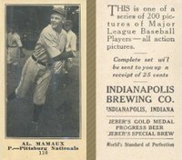 1916 Indianapolis Brewing #110 Al. Mamaux Baseball Card