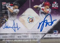 2018 Topps Now All-Star Game Dual Autograph Relics #ASG1A Aaron Judge/Mike Trout Purple Baseball Card