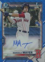 2021 Bowman Draft Chrome Draft Pick Autographs #CDAMM Marcelo Mayer Blue Wave Refractor Baseball Card