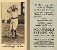 1916 Indianapolis Brewing #13 Chief Bender Baseball Card