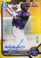 2022 Bowman Chrome Prospect Autographs #CPAYFZ Yanquiel Fernandez Yellow Refractor Baseball Card
