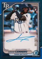 2024 Bowman Chrome Rookie Autographs #CRAJCA Junior Caminero Blue Refractor Baseball Card