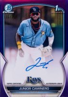 2023 Bowman Chrome Prospect Autographs #CPAJCR Junior Caminero Purple Refractor Baseball Card