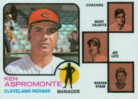1973 Topps #449r Indians Manager/Coaches Spahn's ear rounded Baseball Card
