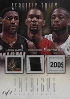 2012 Panini Intrigue Terrific Trios Materials #1 Chris Bosh/Dwyane Wade/LeBron James Laundry Tag 1/1 Basketball Card