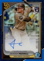 2024 Bowman Chrome Chrome Rookie Autographs #CRAJM Jackson Merrill Blue Refractor Baseball Card