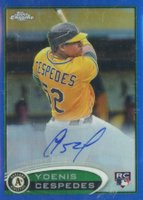 2012 Topps Chrome #180 Yoenis Cespedes Yellow Jersey-Autograph-Blue Refractor Baseball Card
