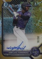 2022 Bowman Chrome Prospect Autographs #CPAYFZ Yanquiel Fernandez Gold Shimmer Refractor Baseball Card