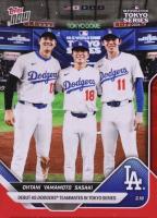 2025 Topps Now #7 Roki Sasaki/Shohei Ohtani/Yoshinobu Yamamoto Red Foil Baseball Card