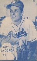 1953 Canadian Exhibits #50 Tom Lasorda Blue Tint Baseball Card