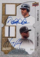 2009 Upper Deck Ballpark Collection Dual Swatch Autographs #DD-JR Derek Jeter/Hanley Ramirez Baseball Card