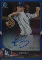 2018 Bowman Chrome Prospects Autographs #BCPADM Dustin May Blue Refractor Baseball Card