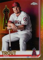 2019 Topps Chrome #200 Mike Trout Sitting in Dugout-Gold Refractor Baseball Card