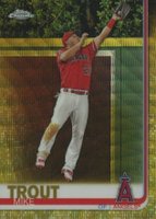 2019 Topps Chrome #200 Mike Trout Jumping-Gold Wave Refractor Baseball Card
