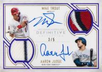 2019 Topps Definitive Collection Dual Autograph Relic Collection #TJ Aaron Judge/Mike Trout Purple Baseball Card
