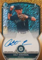 2023 Bowman Draft Chrome Prospect Autograph #CDACE Colt Emerson Gold Shimmer Baseball Card