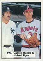 1975 SSPC #593 Catfish Hunter & Noland Ryan Checklist-Correct spell Nolan Baseball Card
