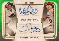 2023 Topps Definitive Collection Dual Autograph Collection #DACIO Ichiro/Shohei Ohtani Green Baseball Card