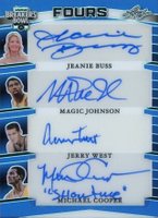 2024 Leaf Whatnot Breakers Bowl Four Autographs #F-3 Jeanie Buss/Magic Johnson/Jerry West/Michael Cooper Blue Basketball Card