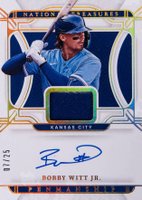 2022 Panini National Treasures Penmanship Materials Signatures #BWJ Bobby Witt Jr. Holo Gold Baseball Card