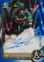 2022 Bowman Chrome Prospect Autographs #CPADC Denzel Clarke Blue Raywave Refractor Baseball Card