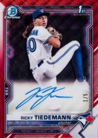 2021 Bowman Draft Chrome Draft Pick Autographs #CDARTI Ricky Tiedemann Red Wave Refractor Baseball Card