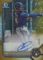 2022 Bowman Chrome Prospect Autographs #CPAJCO Jackson Chourio Gold Shimmer Refractor Baseball Card