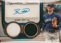 2023 Topps Museum Collection Single-Player Signature Swatches Dual Relic Autographs #BWJ Bobby Witt Jr. Sapphire Baseball Card
