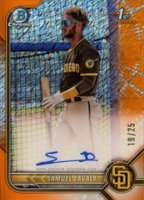 2022 Bowman Chrome Prospect Autographs #CPASZ Samuel Zavala Orange Shimmer Refractor Baseball Card