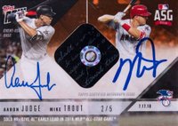 2018 Topps Now All-Star Game Dual Autograph Relics #ASG1C Aaron Judge/Mike Trout Orange Baseball Card