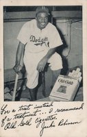 1948 Old Gold Cigarettes # Jackie Robinson Kneeling in dugout Baseball Card